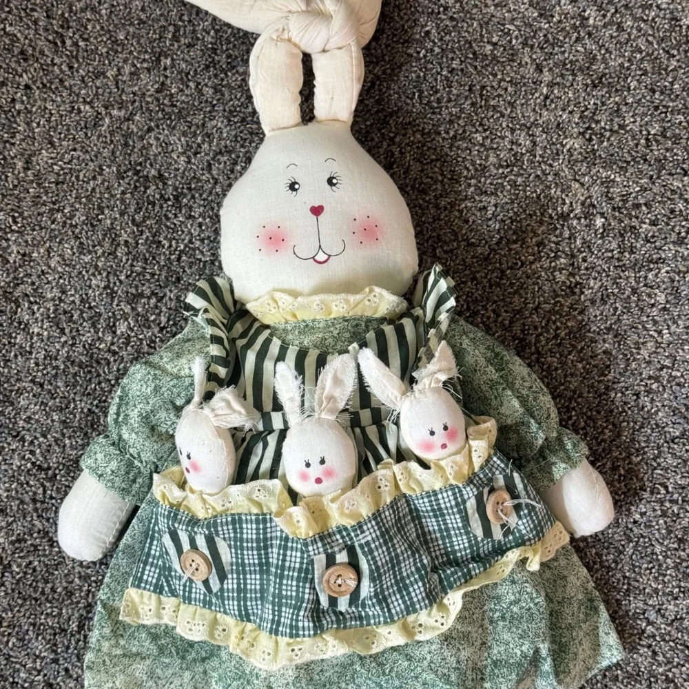 Vtg Primitive Cloth Plush Bunny Doll Green Floral Dress 3 Baby Bunnies Easter